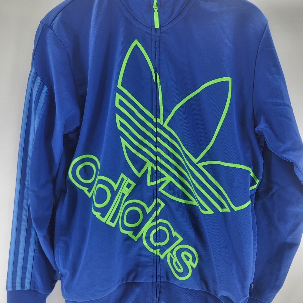 Adidas Jacket Mens Small Blue Green Track Trefoil Big Logo Spell Out Full Zip - Picture 2 of 6